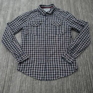 Heritage 1981 Plaid Button Up Shirt Blue Red Flip Cuff Pearl Snap Medium